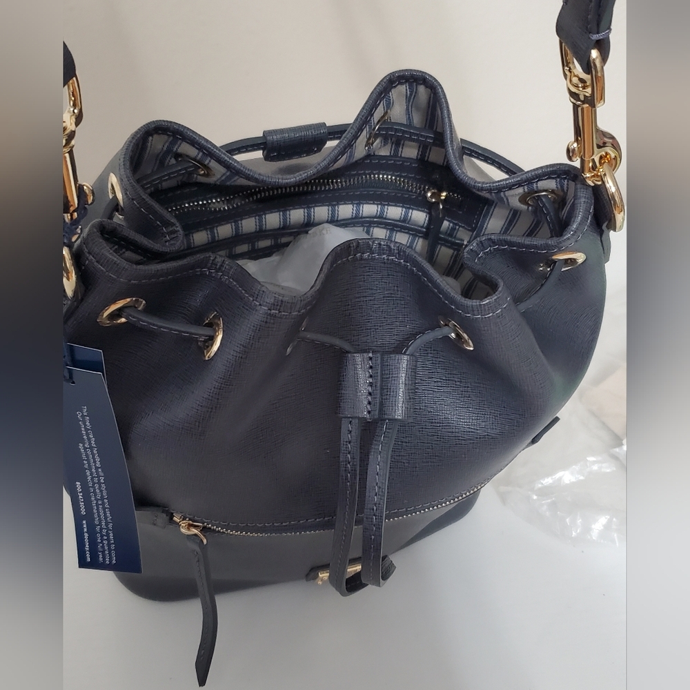 New Dooney & Bourke Dark Gray Saffiano Leather Drawstring Bucket Bag - Picture 10 of 11